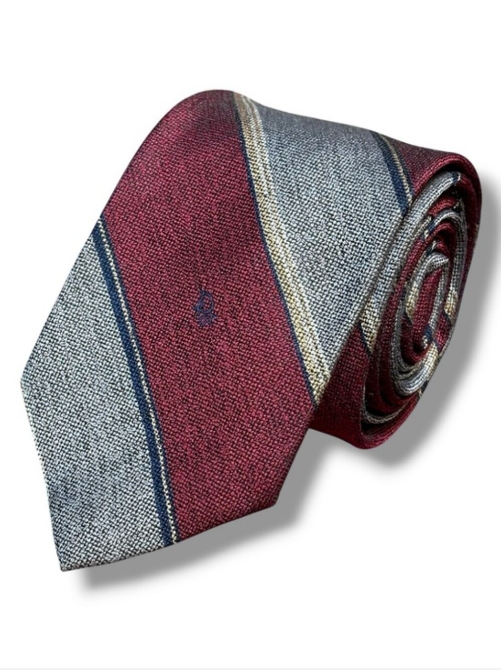 CHRISTIAN DIOR Grey & Maroon Diagonal Stripe Embroidered Polyester Tie VINTAGE